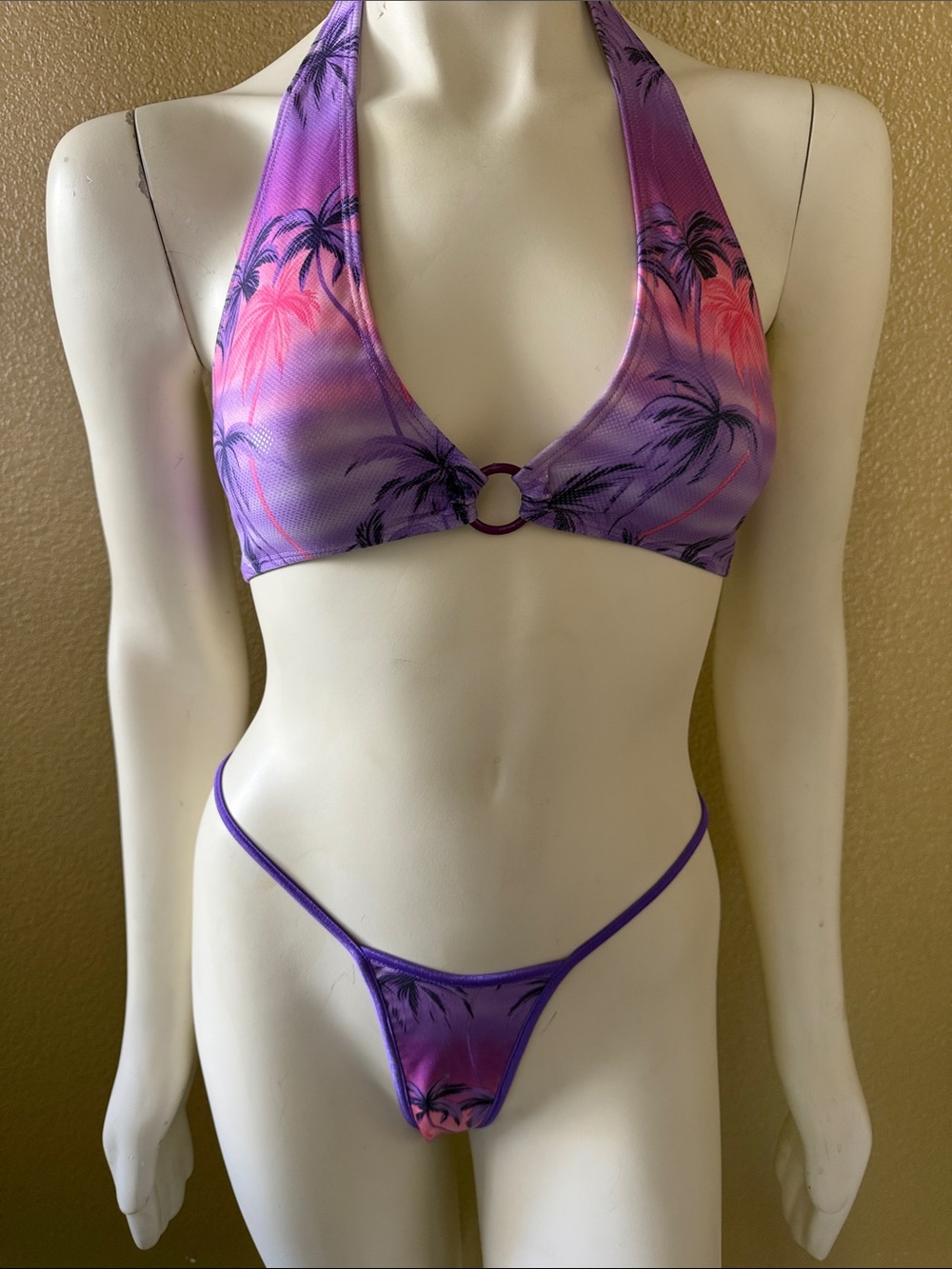 Purple Palm-Print Halter Bikini Set with Center Ring